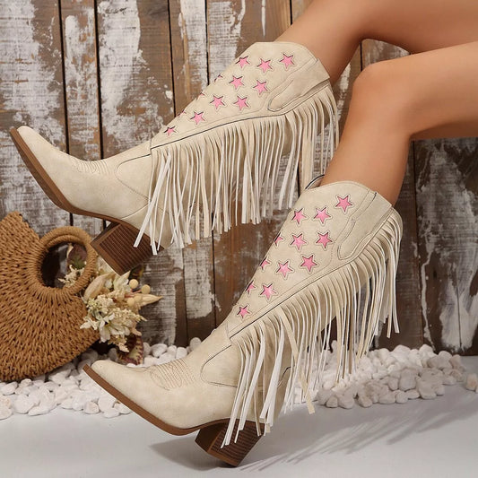 Ivory suede star fringe block heel boots, image 2