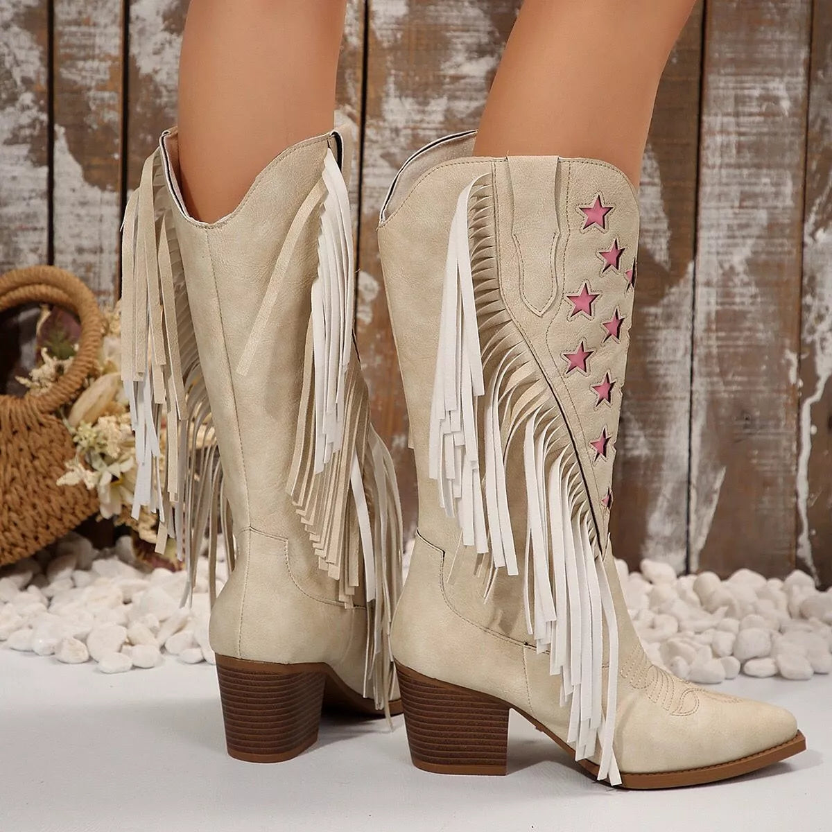Ivory suede star fringe block heel boots, image 6