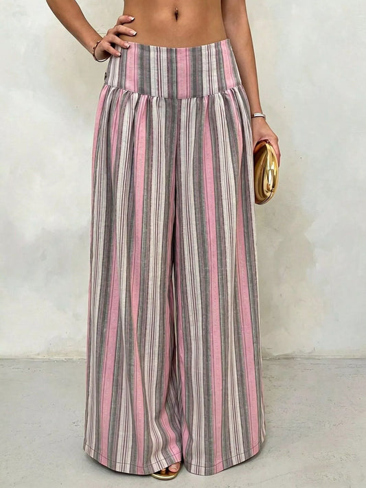 High-waisted striped wide-leg casual pants, front view